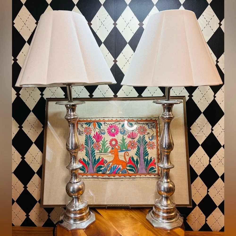Luxury Tall Silver Table Lamp Pair – Sculptural Bases‎ with Scalloped Shades